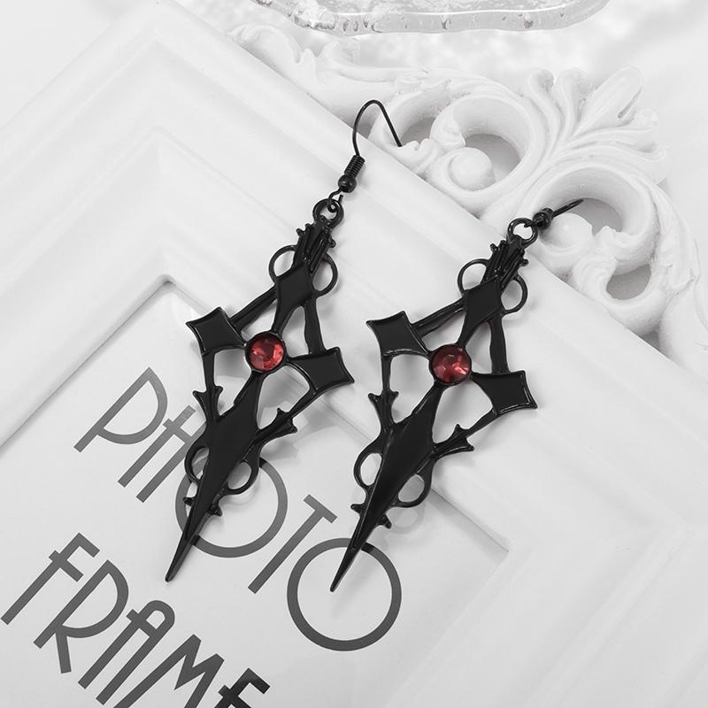 Retro Gothic Dark Style Studded Red Zircon Cross Black Metal Earrings for Women Accessories