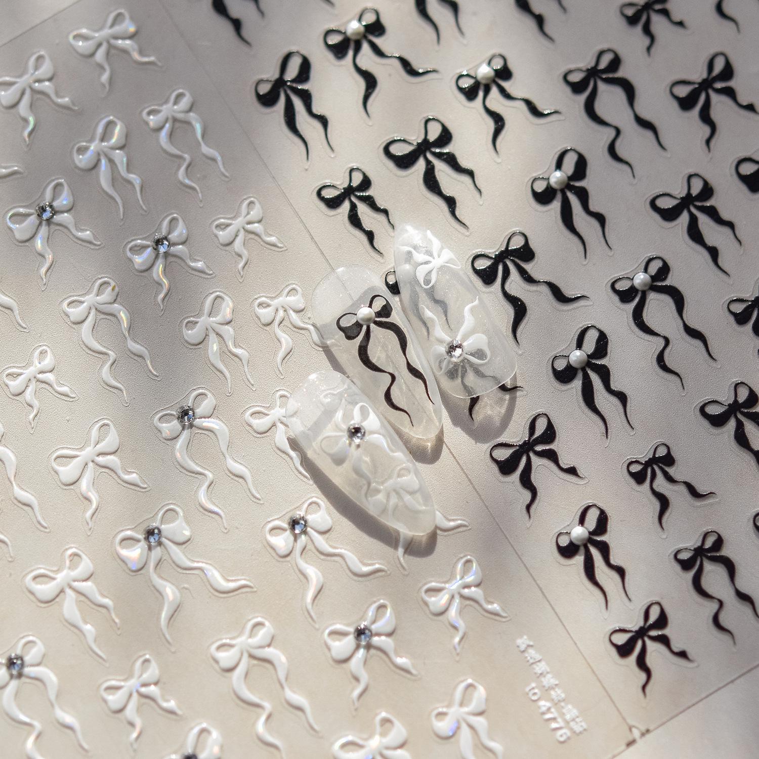 

3D Embossed Black & White Crystal Bow Nail Stickers