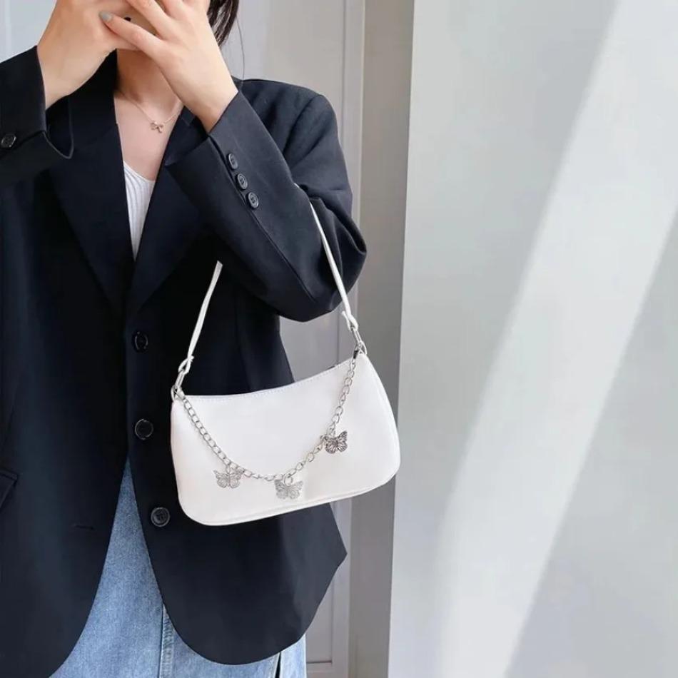 1 Pcs Women Butterfly Chain Shoulder Underarm Bags Casual Ladies Pure Color Small Purses Handbags Elegant PU Leather Bags
