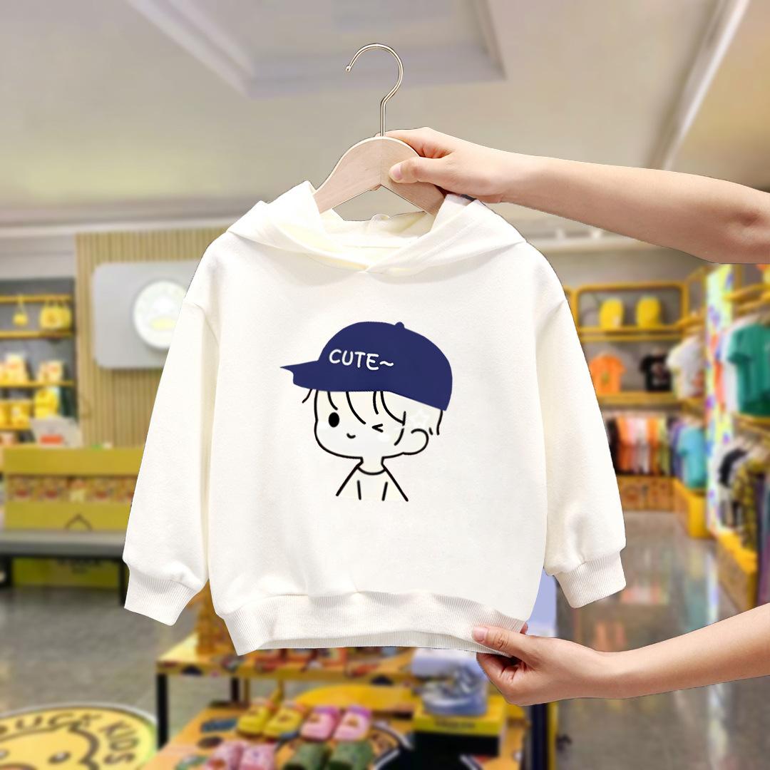 

Футболка белая для мальчиков с длинными рукавами 2024 года, новый детский осенний топ на весну и осень с шапкой, средний и старый детский свитер для мальчиков 90cm