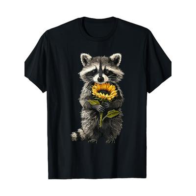 Taglie Europee Raccoon Che Tiene Girasole Fiore Carino Maglietta Festa della Mamma