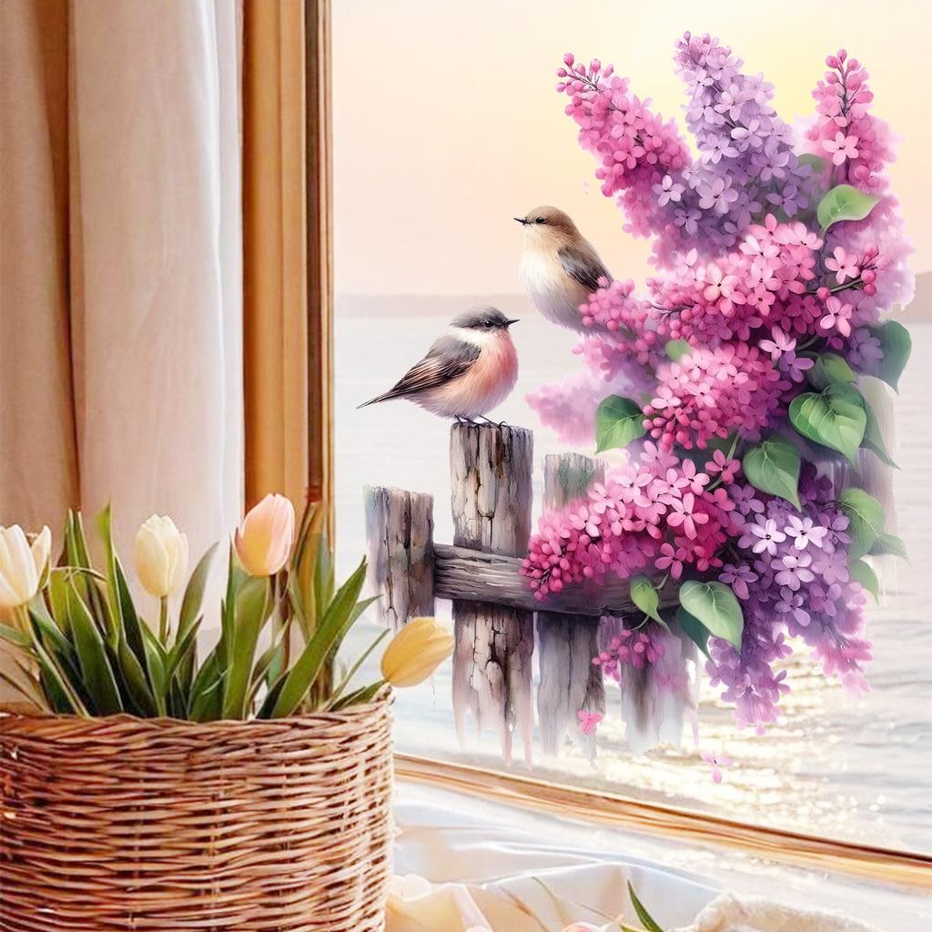 Serene Purple Floral Perched Bird Window Sticker Self-Adhesive Removable Living Room Bedroom Kitchen Office Home Decor Art