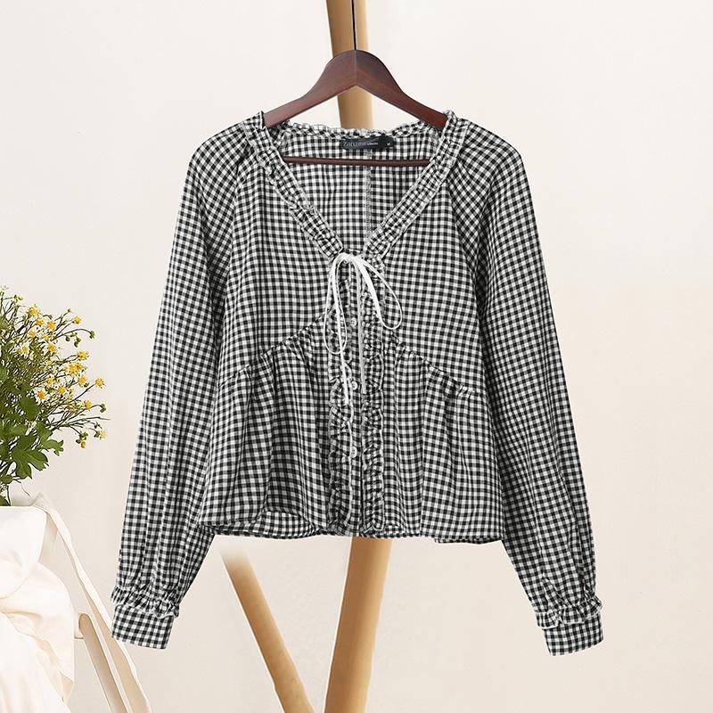 ZANZEA Women Casual V-Neck Plaid Print Loose Long Sleeve Blouse