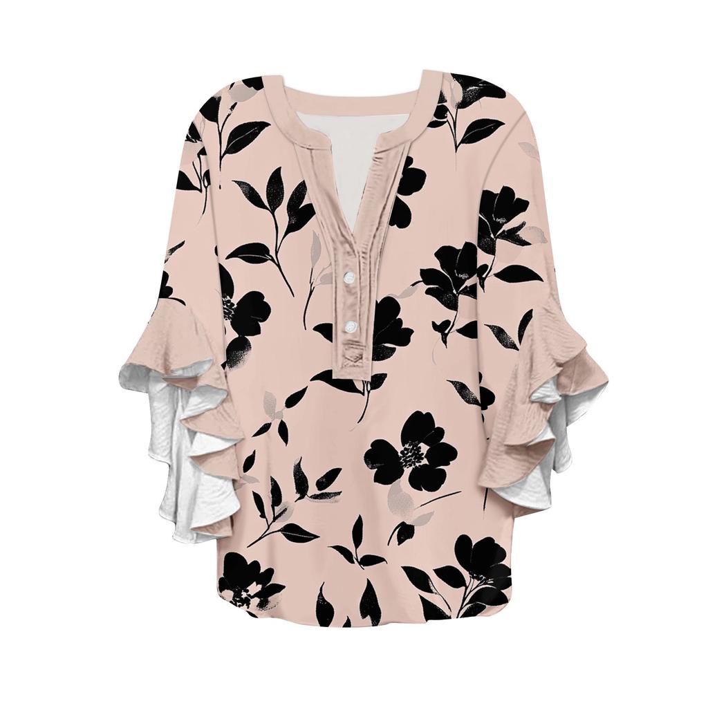 Women's Summer Tops V Neck Three-quarter Sleeves Floral Print Flowing Ruffle Sleeves Half-button Shirt