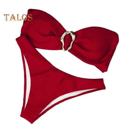 

Женский комплект бикини с металлическим кольцом и высокой талией, двухсекционный купальник, сексуальный купальник с вырезом на шее для пляжной вечеринки S красный