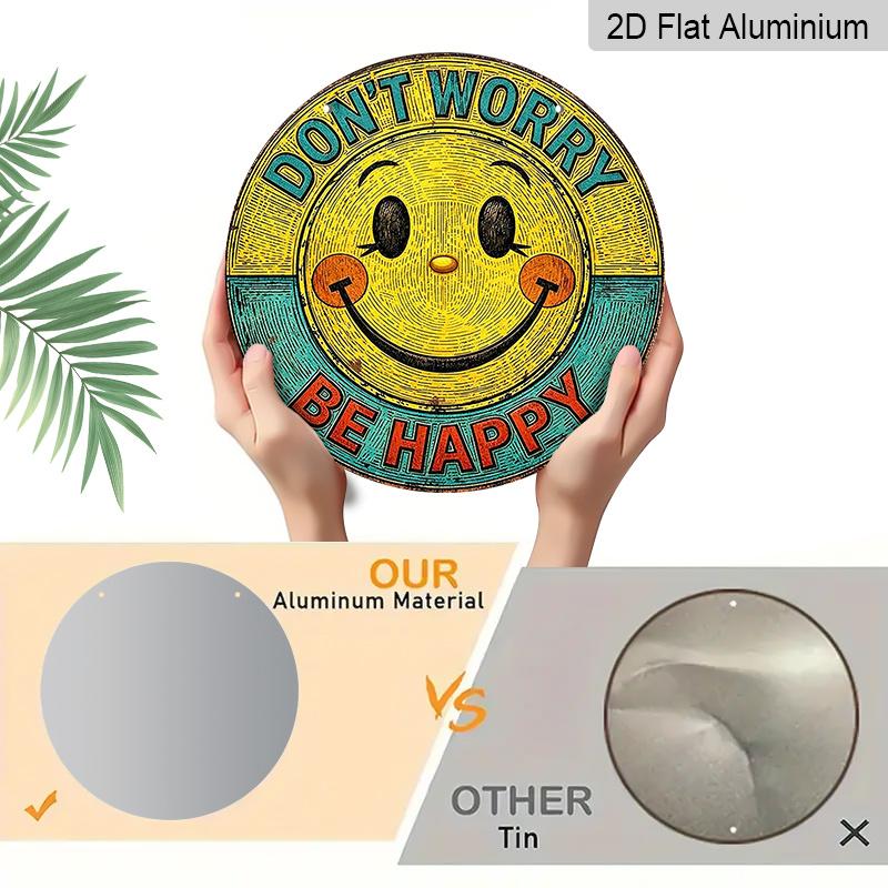 2D Flat, 1pc Round Aluminum Hanging Sign - "Don't Worry Be Happy" Retro Smiley Face Metal Wall Art, Vintage 70s Groovy Style, Perfect for Boho Home