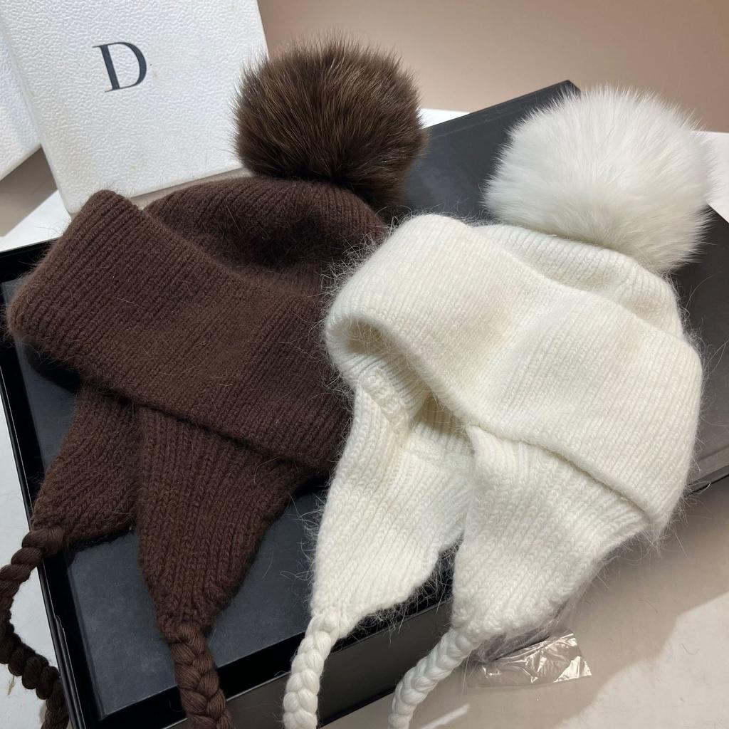 Exported To Russia, High-Quality Long Rabbit Hair Ear Protection Hat, Thickened And Enlarged In Winter, Warm Fox Hairball Knitted Hat For Women