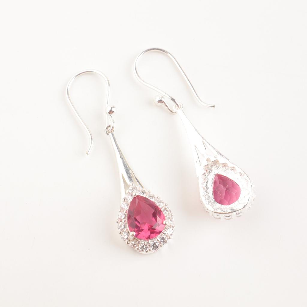 Natürlicher Rosa Turmalin Edelstein 925 Sterlingsilber Schmuck Zirkonia Ohrringe 1,86" CZE-7-10