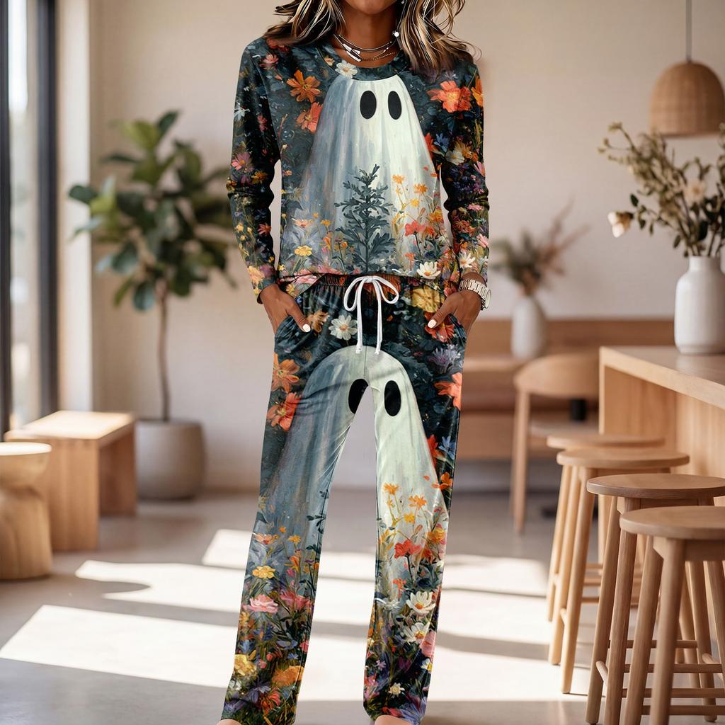 Set Pigiama Casual da Donna con Manica Lunga, Girocollo e Coulisse sui Pantaloni a Gamba Larga per Dormire e