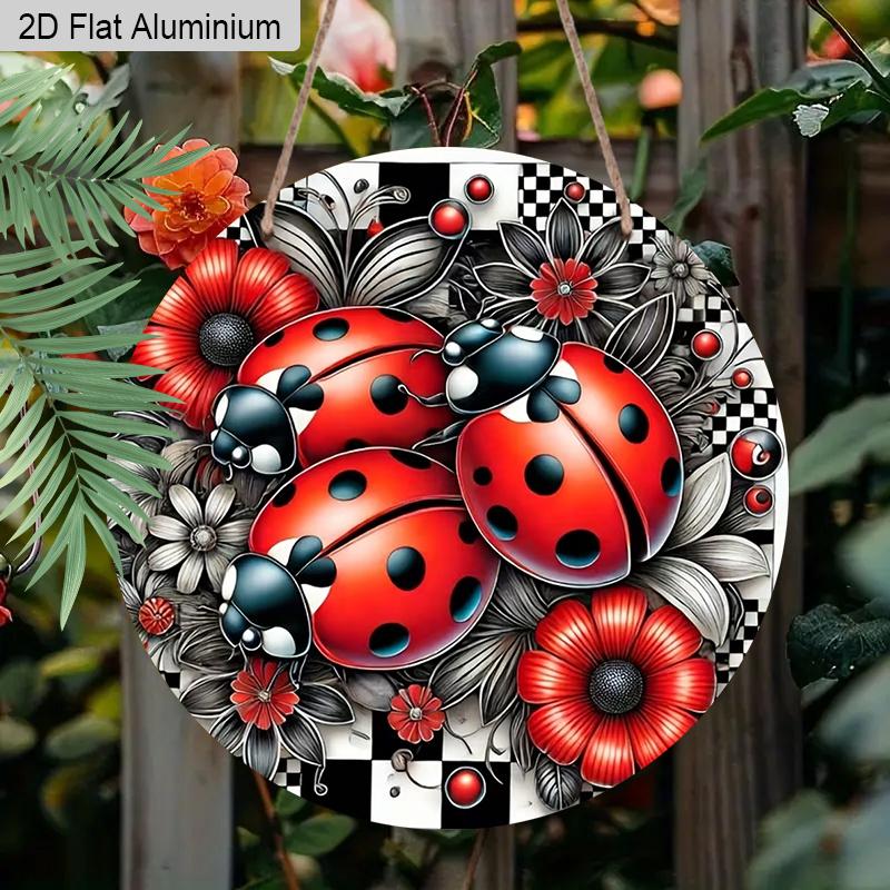 2D Flat Aluminum LadybugRound Metal Sign, Man Cave Wall Art Sign for Front Door, Spring Summer Front Door Decor, Pre-Drilled Holes for Easy Hanging