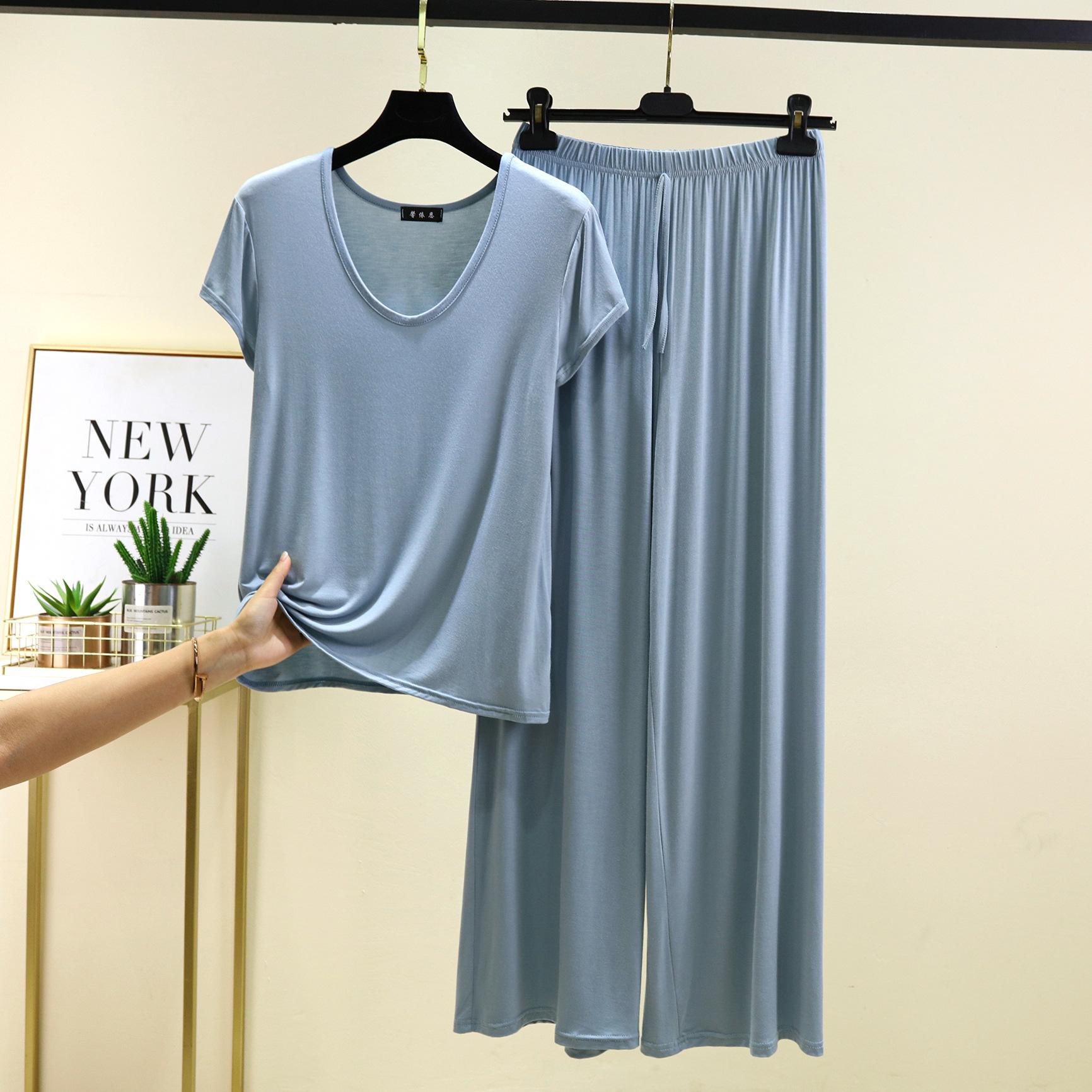 

Большие размеры от M до 6XL Футболка с коротким рукавом и U-образным вырезом и широкие брюки Женская домашняя одежда, комплект из 2 предметов, летняя модальная пижама, однотонные повседневные пижамы 6XL светло-синий