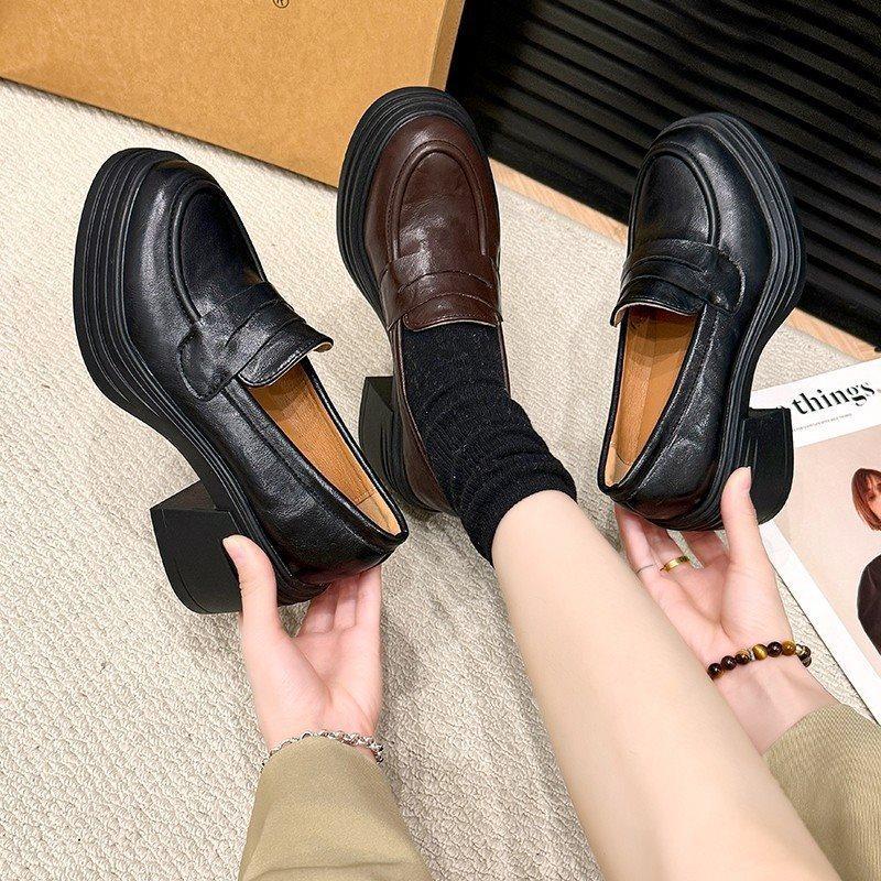 Single Shoes Women's Platform 2025 One-pedal French New Loafers Deep Mouth Round Head High Heels Thick Heel British Black