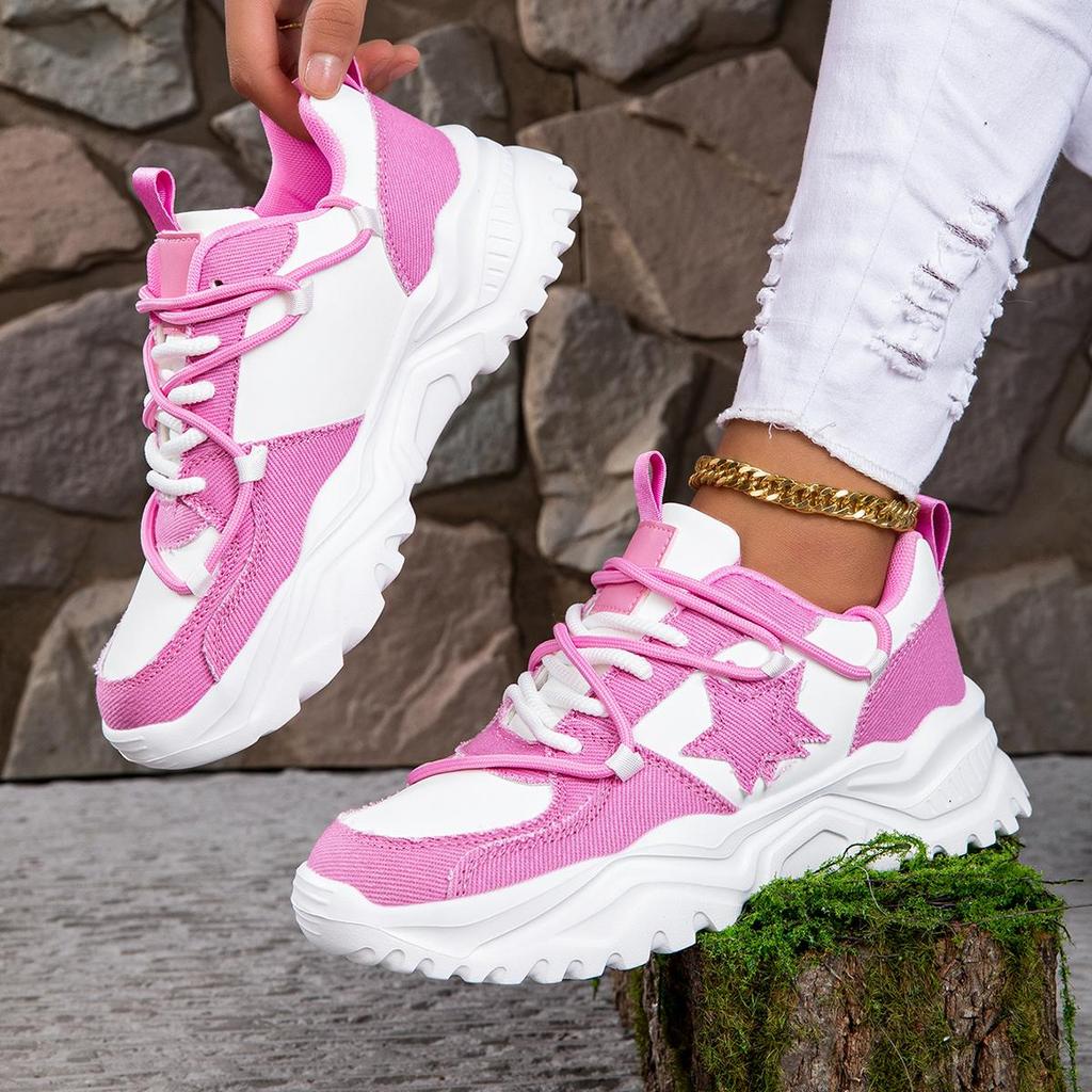 MCTIN Couples Chunky Sneakers Casual Lace Up Platform Shoes for Women Star Decor Men Sports Shoes