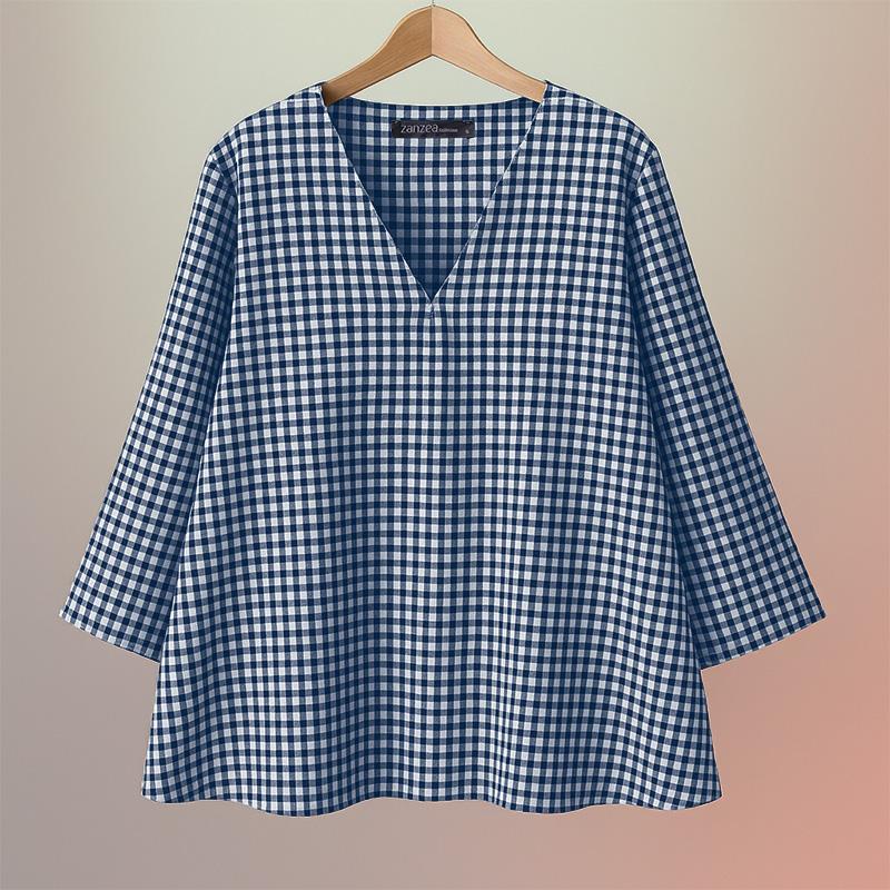 

ZANZEA Женская повседневная блузка с V-образным вырезом, рукавом 3/4 и свободным кроем, с принтом в клетку 4XL тёмно-синий