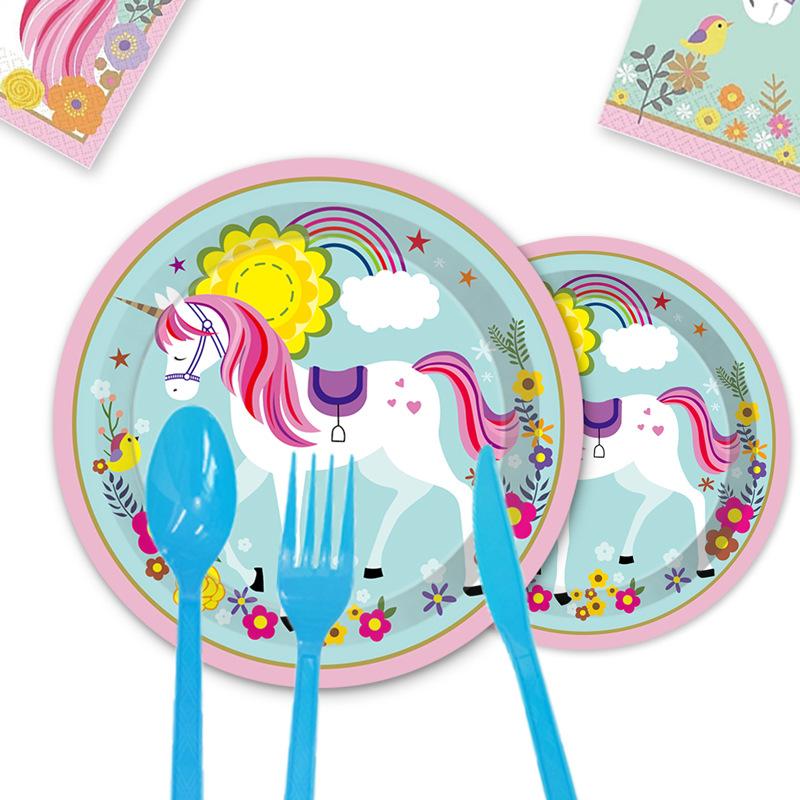 Flowers Rainbow Unicorn Children'S Birthday Party Cutlery Paper Plates Paper Cups Tissue Tablecloths Decorative Set