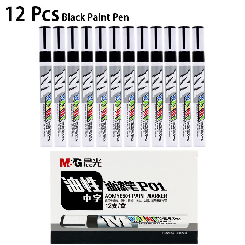 M&G 1/12 Pcs 2mm Black Blue Red White Silver Waterproof Paint Pen Oil-based Paint Car Scratch Repair Pen Auto Touch Up Paint Pen