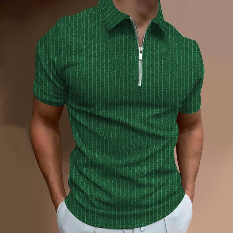 Summer Casual Slim Fit Short Sleeved Striped Zipper Lapel T-shirt Top Polo Shirt