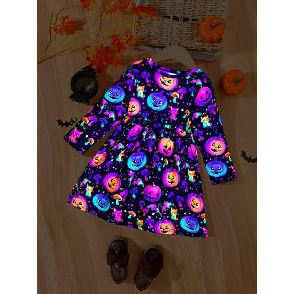 Mädchen Lässiges 3D Halloween Print Rundhals Langarm Kleid Kinder Prinzessinnenkleid