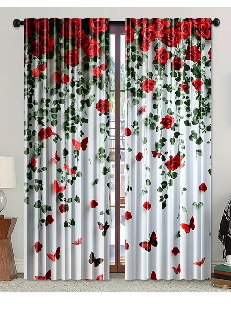 2PC White Red Rose Vine Sheer Curtains - Romantic Floral Butterfly Print Window Drapes for Bedroom Living Room Decor