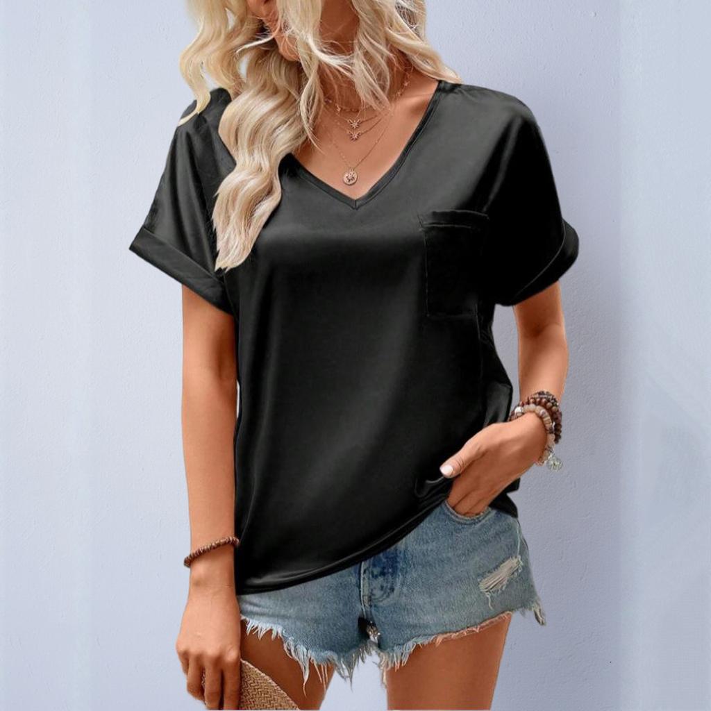 Women's Sading V-Neck Pocket Roll-up Short Sleeve Loose Top