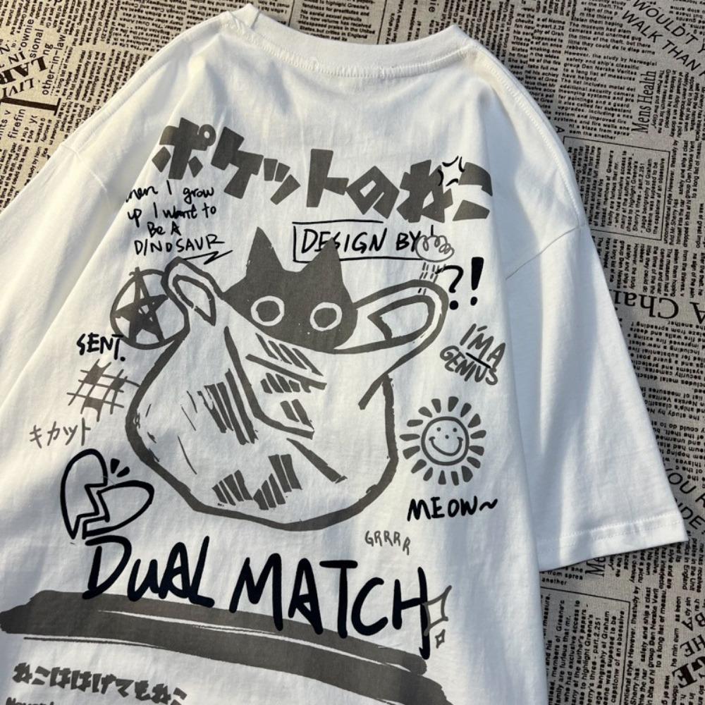 Plus Size Summer Retro Cartoon Print Men s Short Sleeved T-shirt Casual Loose Round Neck Versatile Top M