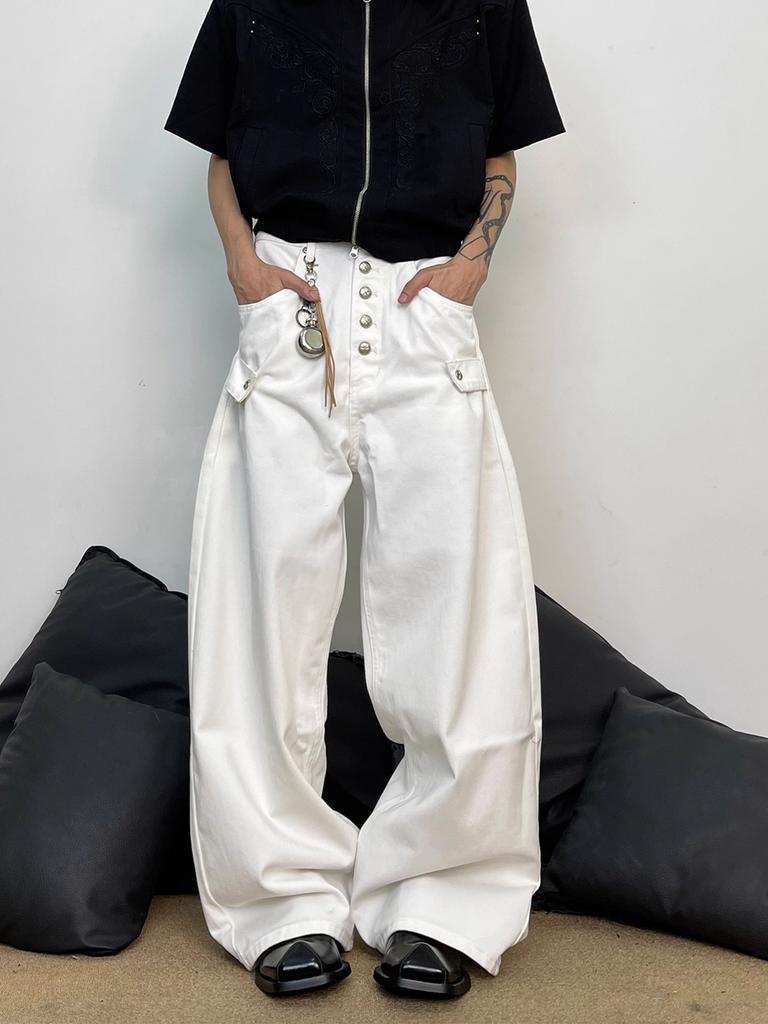 American retro breasted design loose straight jeans men and women thin versatile wide-leg trousers tide