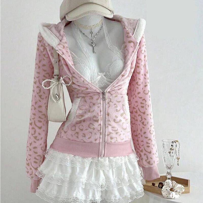 

Millennial American Vintage Retro Style Niche Spicy Girl Autumn and Winter Leopard Print Hooded Zip-Up Sweatshirt Jacket Pink Leopard Print Jacket S