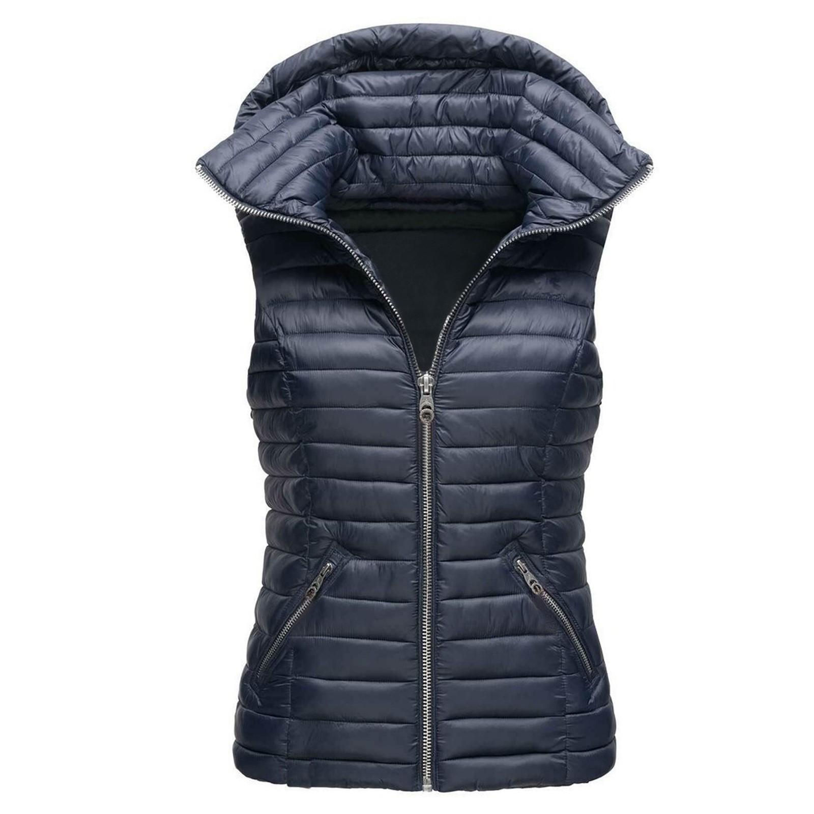 

Женская мода однотонная хлопковая жилетка на молнии без рукавов хлопковая куртка XXXL тёмно-синий