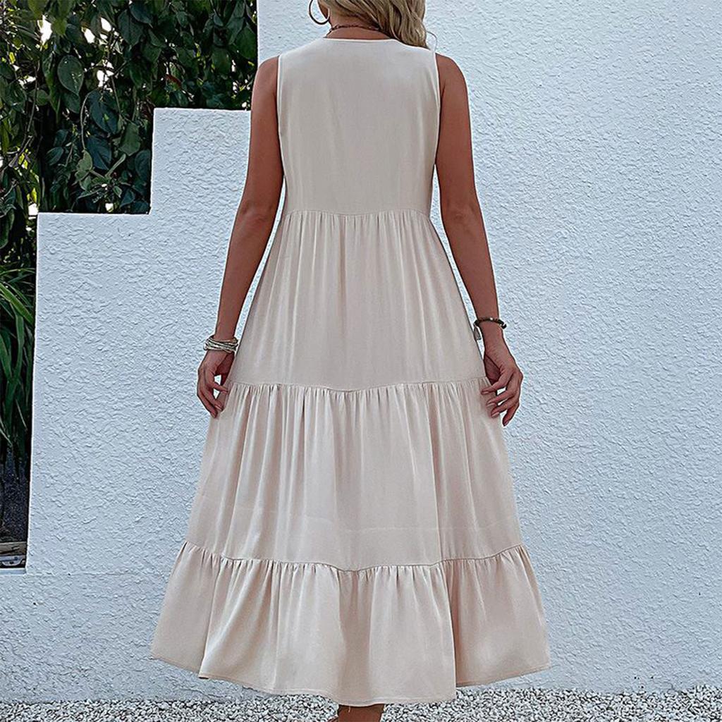 Women's Summer Casual Solid Color V-Neck Sleeveless Loose Dress