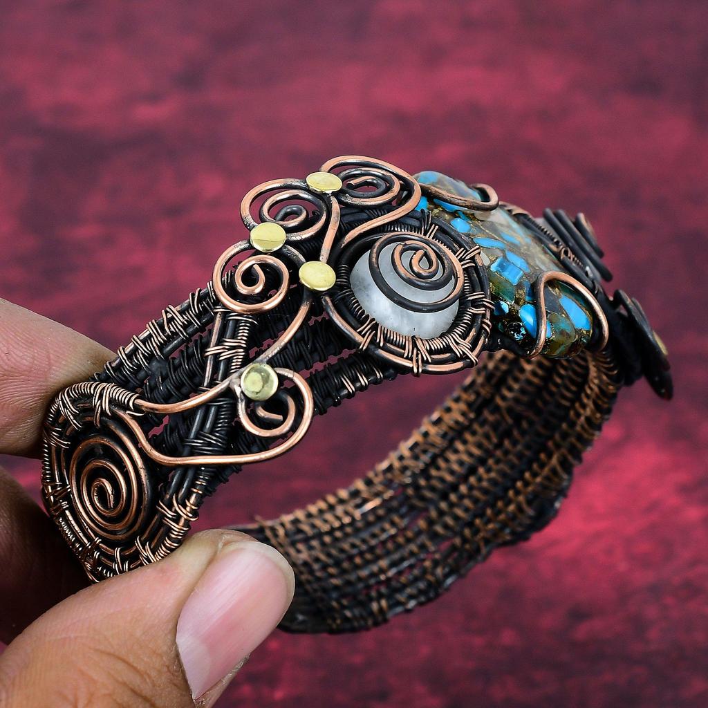 Copper Chrysocolla Bangle Copper Wire Wrapped Adjustable Moonstone Cuff Bracelet