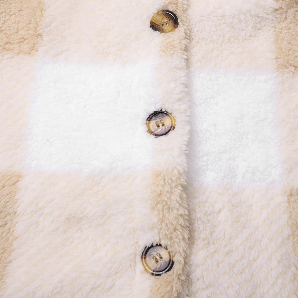 Women's  Winter Fashion Thick Plush Solid Color Plaid Button Long Sleeves Casual Sports Casual Jacket La Fleece Top With Pocket