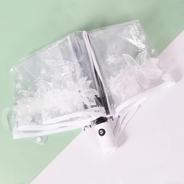 

Прозора парасолька з білими квітами, жіночі портативні міні-парасольки від дощу, прозорі пластикові весільні парасольки принцеси-вишні