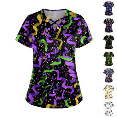 Women's Short Sleeve Stagger V Neck Print Pocket Dry- Top