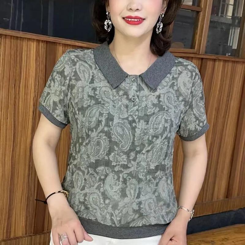 

Summer New Style Doll Fashion Age-reducing Lapel Printed Shirt Mom Style Loose Short-sleeved T-shirt Top M серый