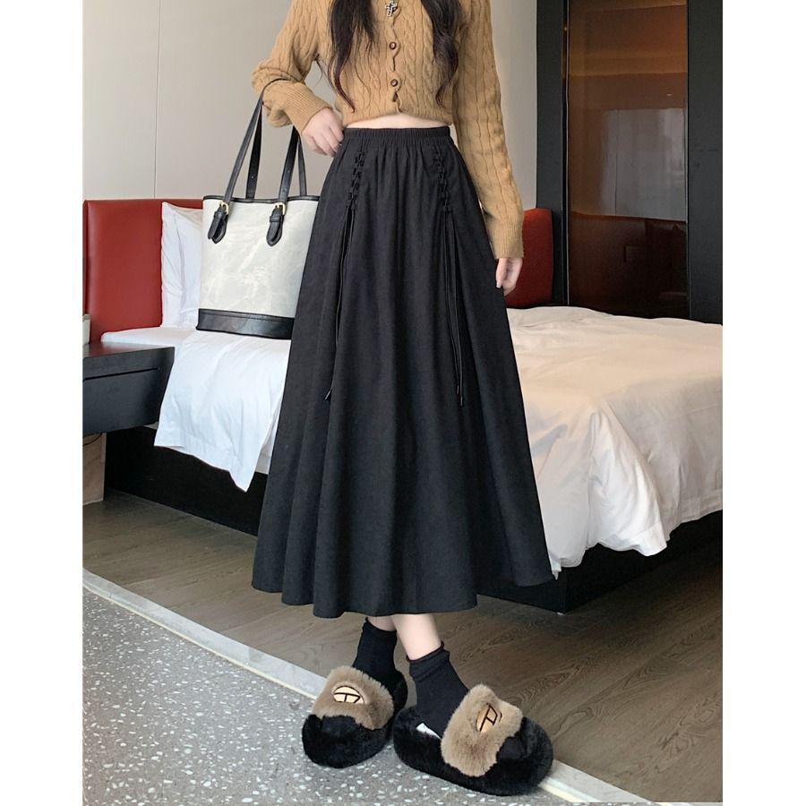 Women's High-Waist Corduroy A-Line Midi Skirt - Spring & Autumn 2025, Coffee Color