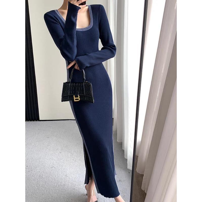 Long Sleeve Split Knitted Dress Women's Autumn New High-end Temperament Muse Fan Inner Long Dress