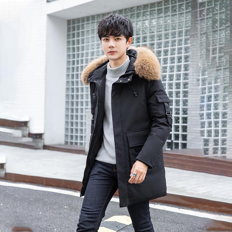 

Мужская зимняя куртка-пуховик с капюшоном и большим меховым воротником - средняя/длинная, плотная, теплая, повседневная рабочая одежда XL чёрный