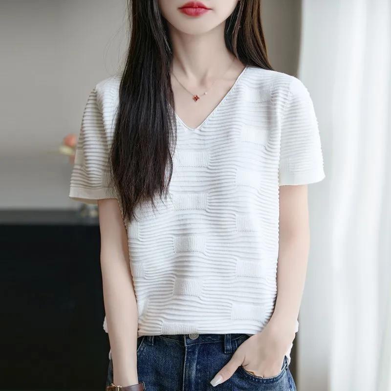Damen V-Ausschnitt Gestricktes T-Shirt Lässig Kurzarm Texturiert Figurbetont Sommer Top