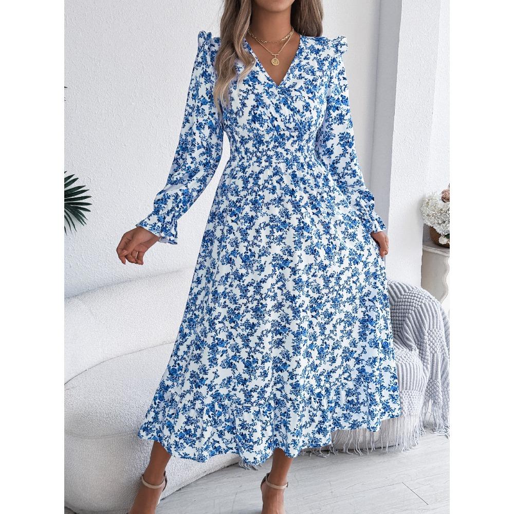 Women's Elegant Floral Cross V-Neck Waist Ruffle Long Dresses
