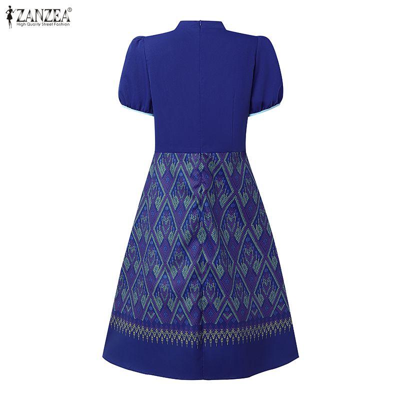 ZANZEA Women Print Casual Summer Stand Collar Short Sleeve Dress