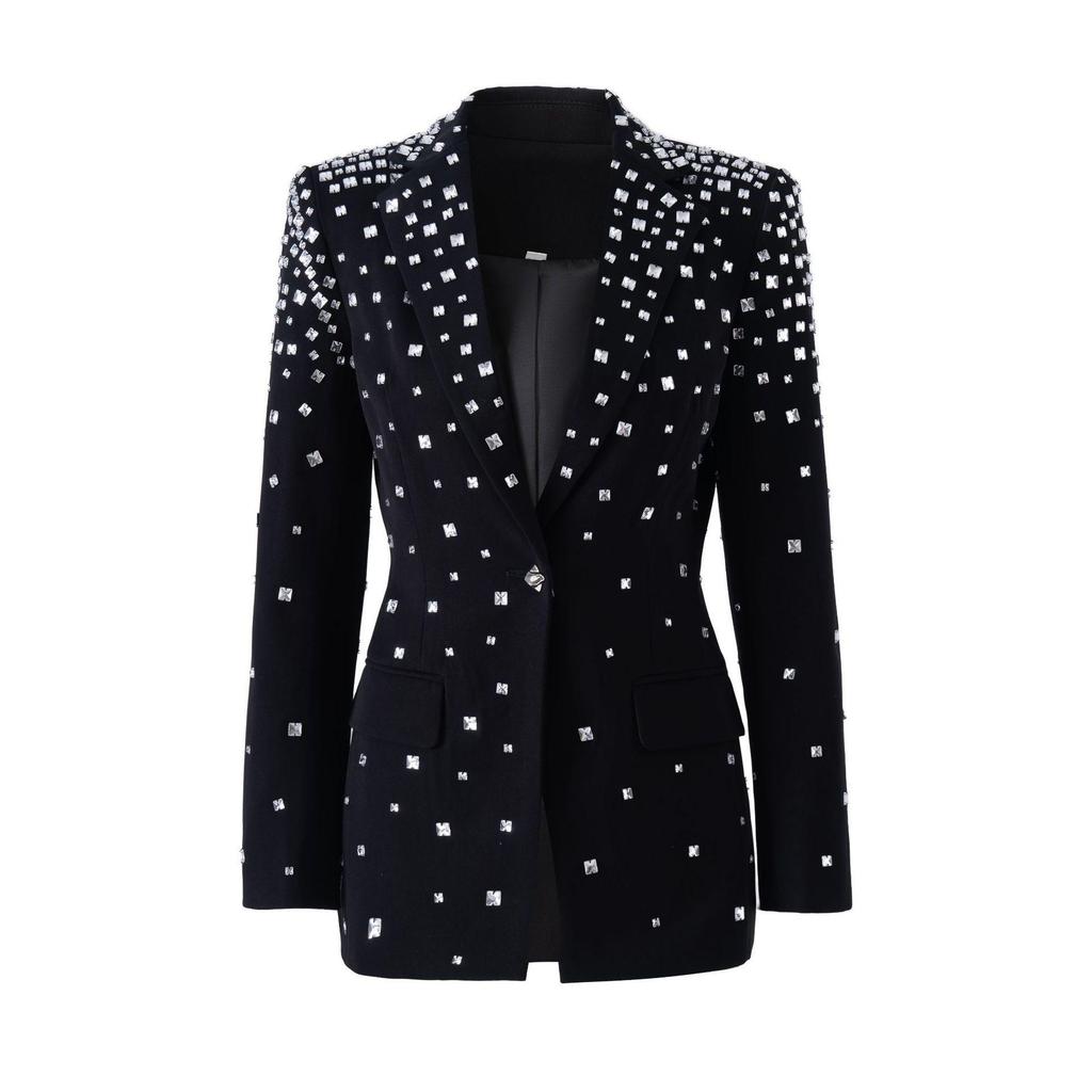 European & American Style V-Neck Blue Suit: Slimming, Flattering, Luxurious Nail Drill Jacket for Stage Performance & Parties