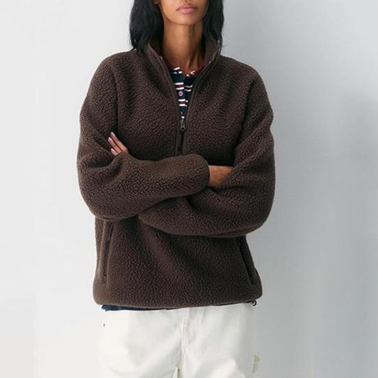 Women's Half Zip Pullover Fleece Jacket Long Sleeve Stand Collar Sherpa Sweatshirt with Pockets Fall Fuzzy Warm Outerwear