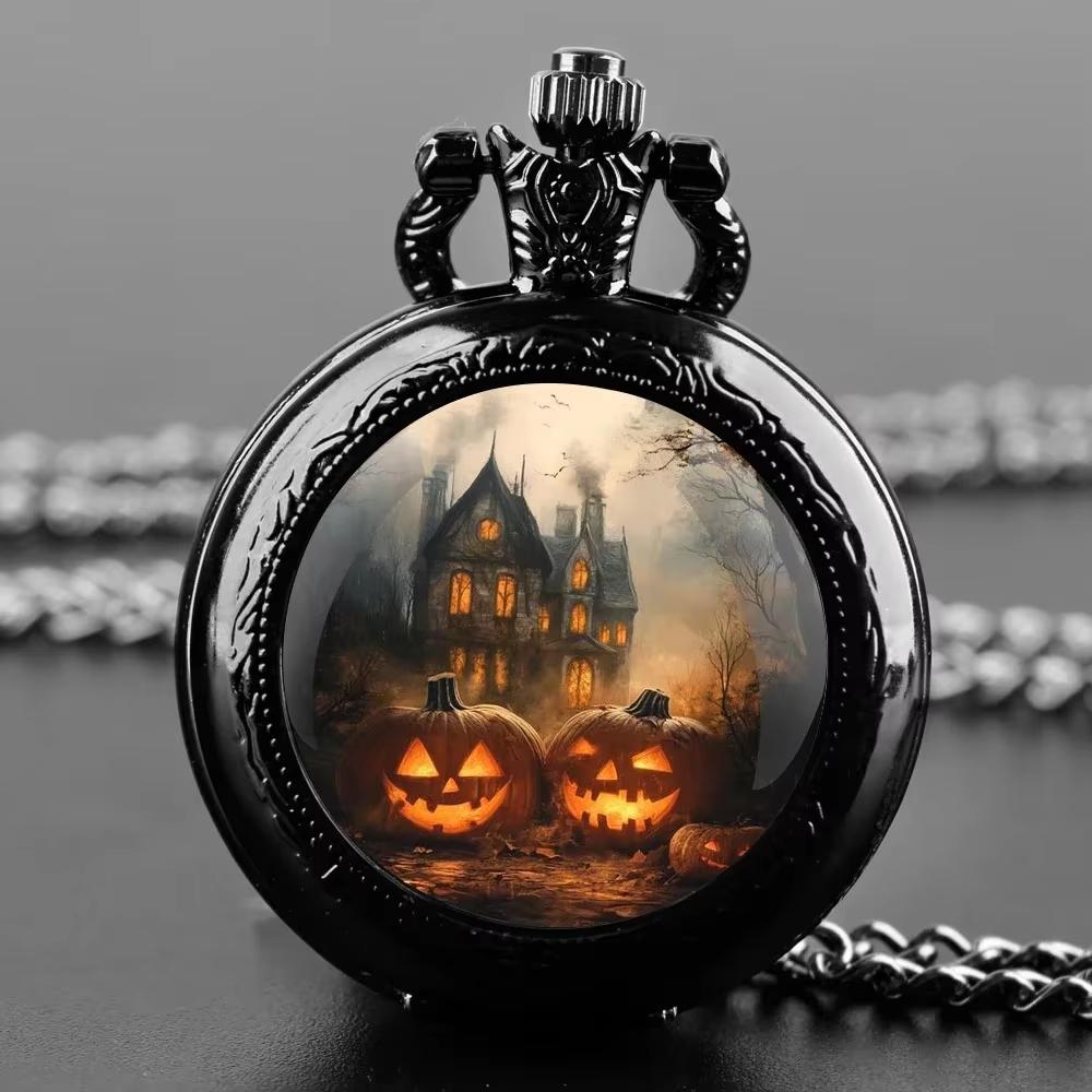 

Exquisite Vintage Spooky Pumpkin Castle Design - Compact Quartz Movement Watch with Chain, Perfect Halloween Gift for Kids Men чорний