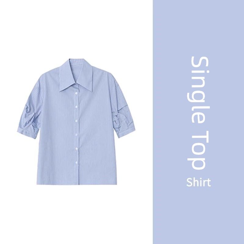 Early Spring Elegant Elegant Anti-Aging Fashion Classic Style Shirt Blue Shirt [Mid-Sleeve Style] S