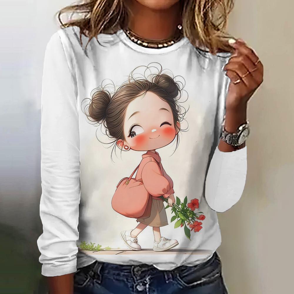 Women's T-Shirt Top Long Sleeved Pullover Fashion Little Girl Print Street Round-Neck Tee Shirt Female Everyday Loose Clothing