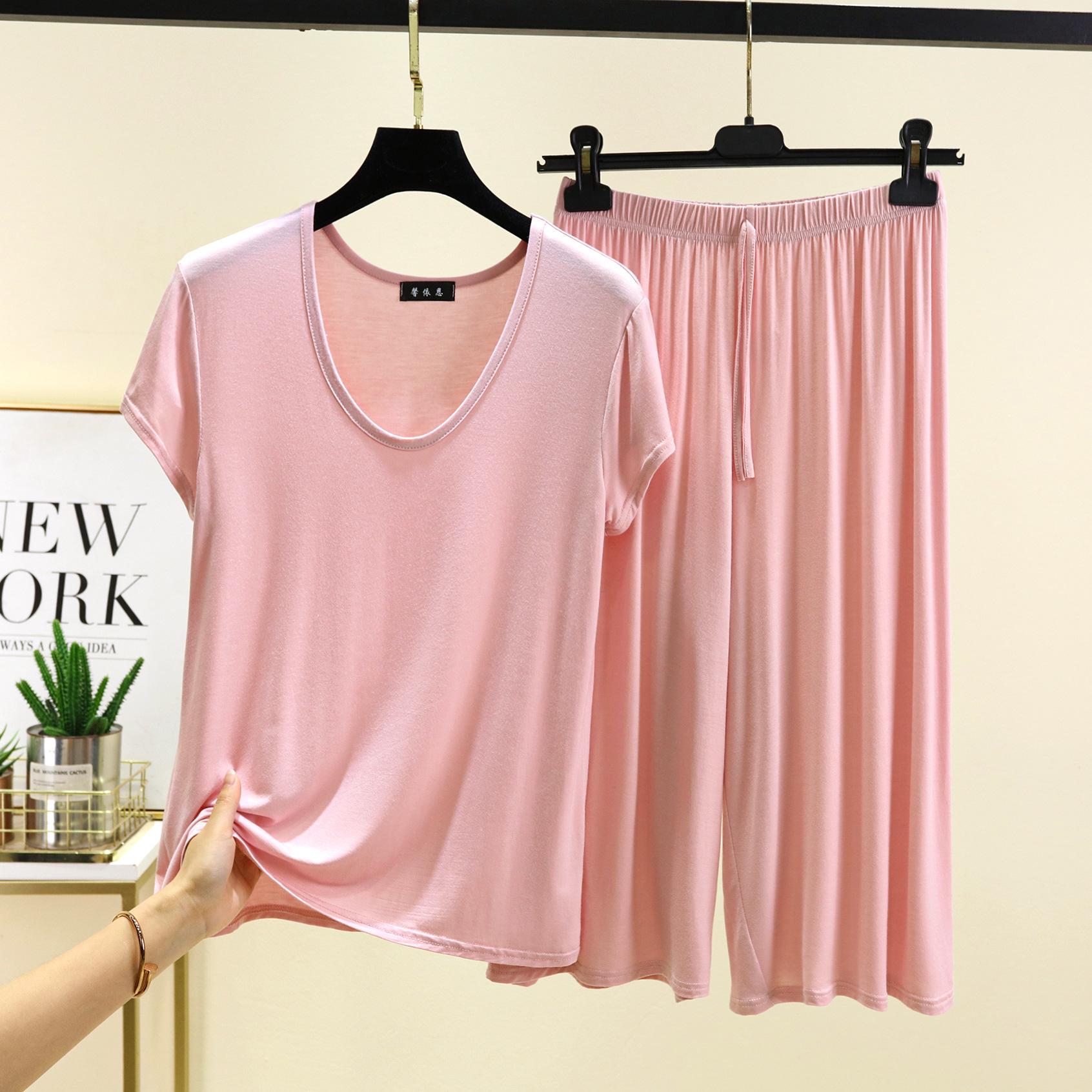 

M-6XL Plus size Modal Homewear комплект из 2 предметов: футболка с коротким рукавом и брюки длиной до икры, однотонные свободные пижамные комплекты, женская одежда для сна 6XL светло-розовый