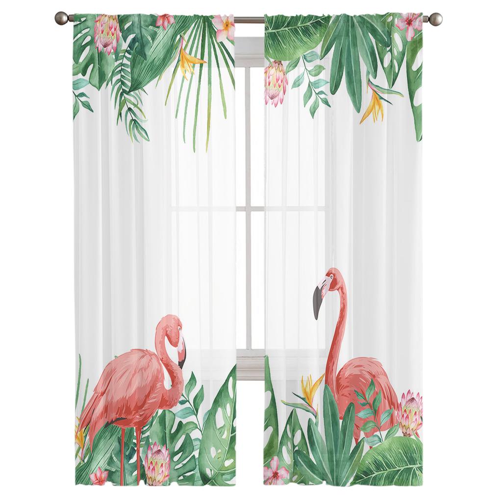 Tropische Pflanze Flamingo Palmenblatt Fenster Vorhänge Für Wohnzimmer Schlafzimmer Küche Chiffon Transparent Fensterdekoration