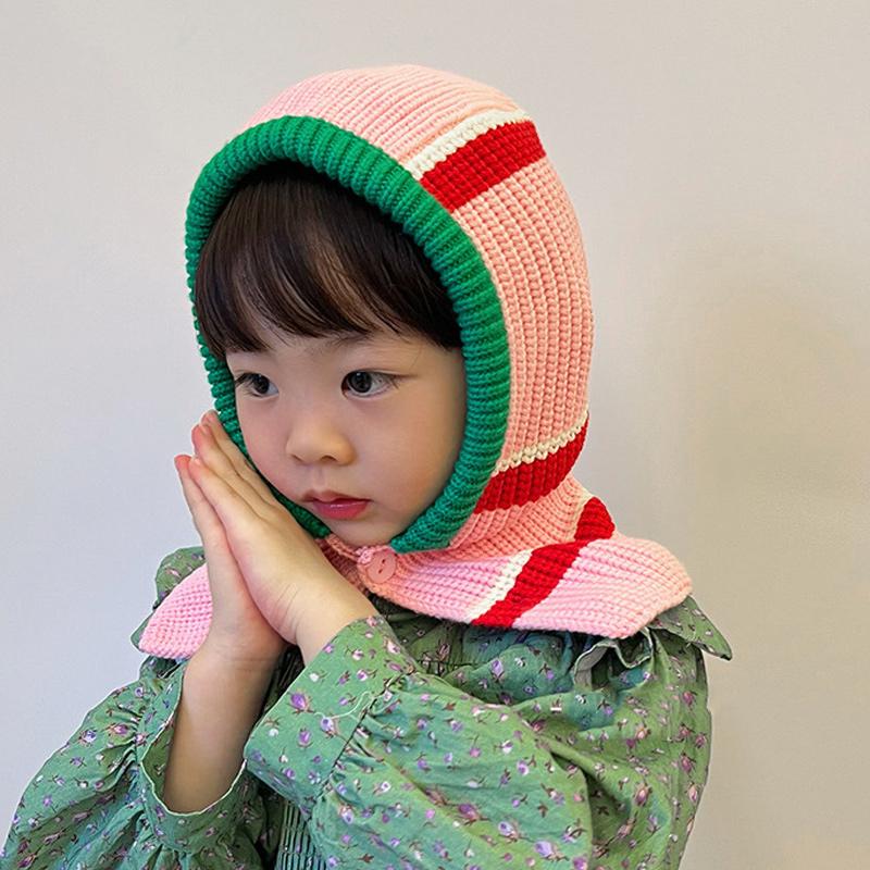 Winter Kids Scarf One-Piece Hat Fashion Striped Knit Ear Protection Hats Children Balaclava Headgear  Baby Hooded Beanie