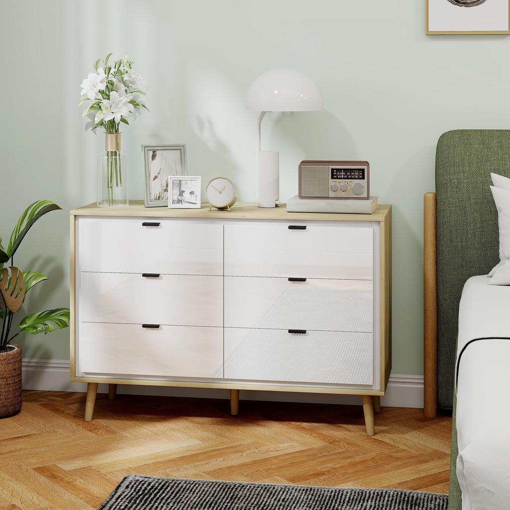 Storage Cabinet, Chest of Drawers with 6 Drawers and 5 Legs for Bedroom, High Gloss White