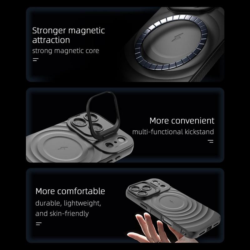 Magnetic Ripple Stand Phone Case For iPhone 17 Pro Max 16 15 14 13 Pro Max Luxury Lens Bracket Shockproof Soft Silicone Cover